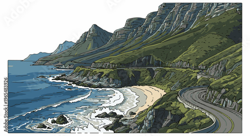 Scenic coastal highway winds along a dramatic mountainous coastline to the sea