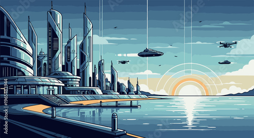 Futuristic cityscape with towering buildings, flying vehicles, and a scenic waterfront