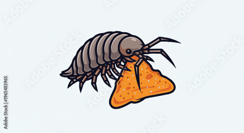 A pill bug with many legs eats a triangular chip