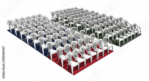 Rows of white plastic chairs arranged on a red and blue patterned carpet
