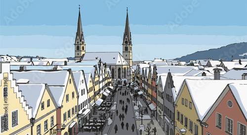 A picturesque, snow-covered town square leads to a grand church with twin spires