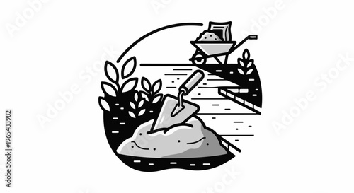 Garden construction scene with trowel, wheelbarrow, plants and stone path