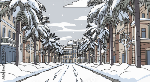 Snow-covered palm trees line a street with buildings and falling snow