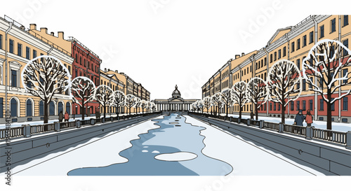 Snowy canal lined with ornate buildings, bare trees, and a distant domed structure