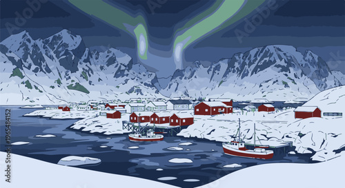 Snowy village beneath the aurora borealis