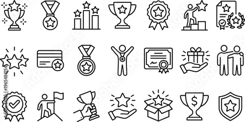 Achievement and Award Line Icon Set with Trophy Medal Certificate Winner Success Leadership Goal Reward and Business Recognition Outline Symbols