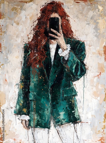 Redhead Woman in Green Velvet Blazer Taking Mirror Selfie Fashion Portrait