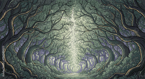 Sunlit path through a dark, gnarled, ancient forest with pixel art style