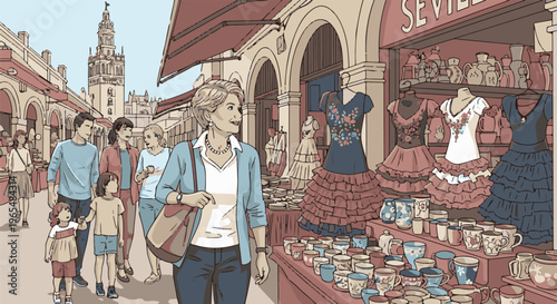 Sunny street market scene with diverse shoppers and traditional stalls