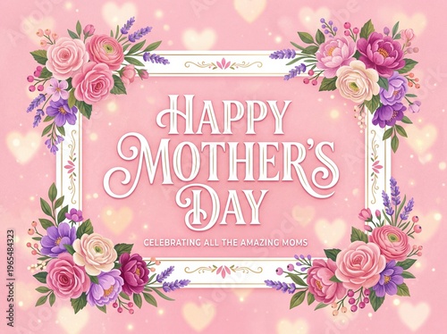 Elegant happy mother's day greeting card featuring pink and purple flowers on a soft pink background