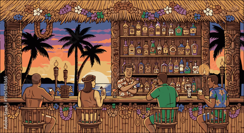Tropical tiki bar at sunset with people enjoying drinks and palm trees