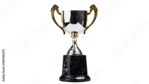 Isolated elegant shiny silver and gold trophy cup on a black marble base symbol of achievement