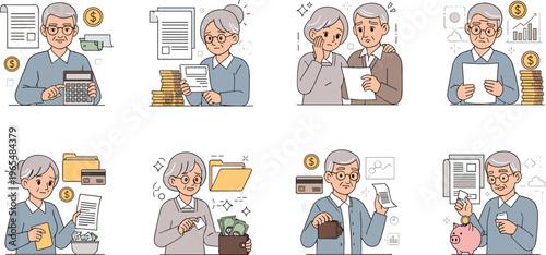 Elderly Couple Managing Finances, Handling Bills, Investments, and Savings with Calculators, Documents, and Money for Financial Planning