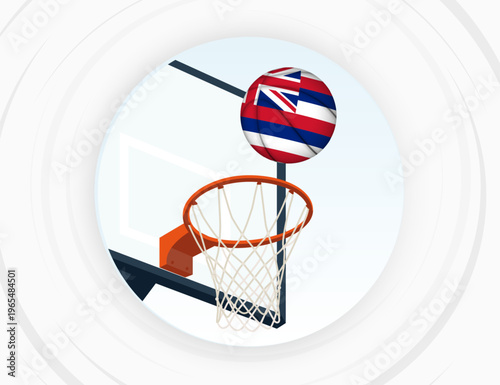Hawaii Flag Themed Basketball in Motion, Scoring Moment in Basketball Game.