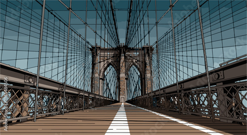 View through a suspension bridge structure, looking toward its towers