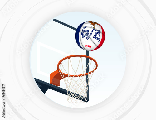 Iowa Flag Themed Basketball in Motion, Scoring Moment in Basketball Game.