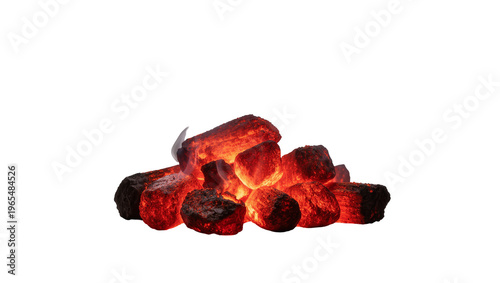 Fotografía Isolated pile of burning hot charcoal briquettes with visible embers and warmth
