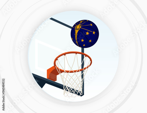 Indiana Flag Themed Basketball in Motion, Scoring Moment in Basketball Game.