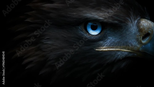 Close up of a bird of prey with striking blue eyes against black