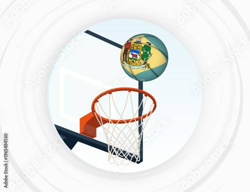 Delaware Flag Themed Basketball in Motion, Scoring Moment in Basketball Game.