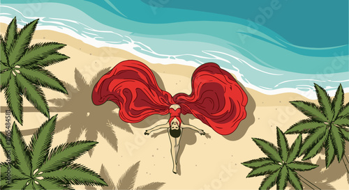 Woman in red swimsuit and flowing cape relaxes on sandy beach