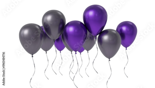 Isolated Group of Shiny Purple and Dark Grey Metallic Balloons with Ribbons Floating