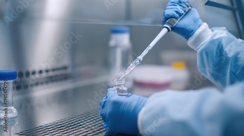 Closeup medium shot of a technician carefully transferring liquids using a pipette inside a biosafety level 3 cabinet gloves and protective shield softly out of focus.