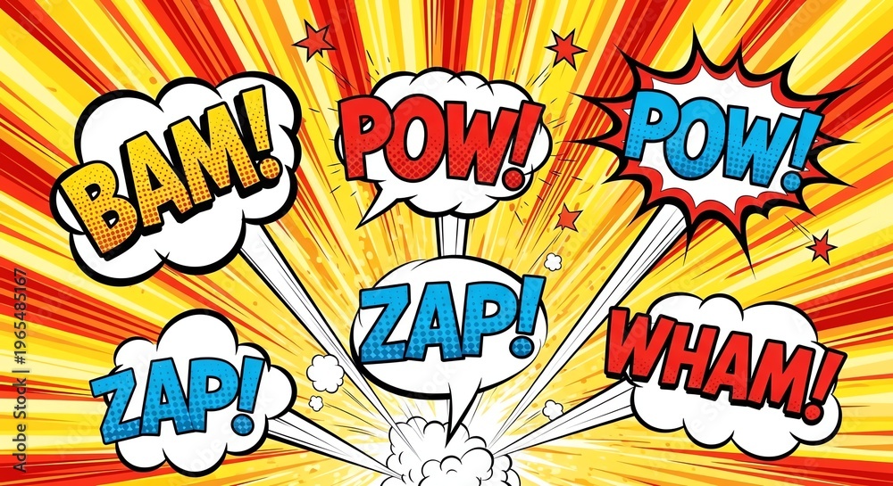 Fototapeta premium Comic book sound effects with burst background