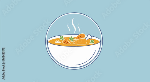 Hearty chicken soup in a white bowl with carrots and bone