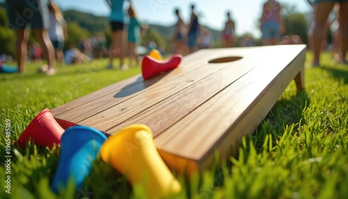 Wooden cornhole board with colorful bean bags on green grass. Outdoor lawn game close up on a sunny day. Summer recreation and leisure concept.