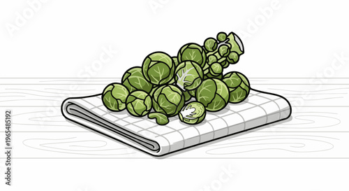 Fresh Brussels sprouts stacked on a checkered cloth, illustrated