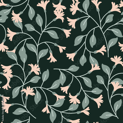Botanical Seamless Pattern with Orange tiny Flowers on Dark Background