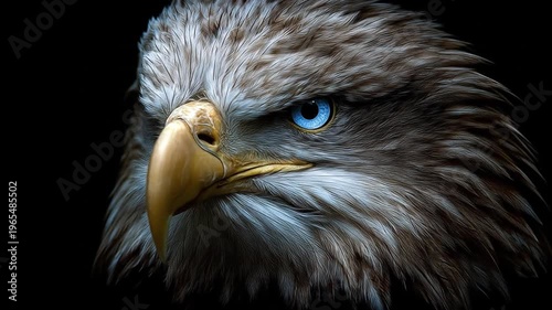 Close up of a majestic eagle with piercing blue eyes against a dark backdrop