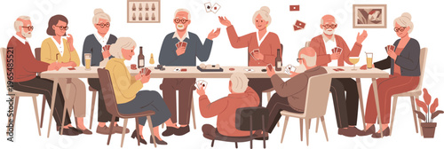 Elderly Group Enjoying a Card Game with Drinks in a Social Gathering, Celebrating Friendship and Leisure Time