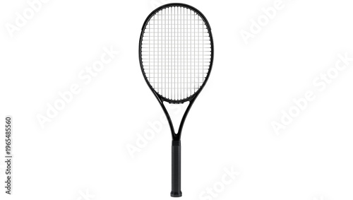 Canvas Print Isolated sleek black tennis racket featuring tightly strung head and comfortable
