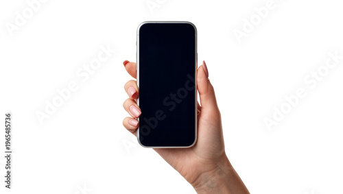 Isolated female hand holding modern smartphone with blank dark screen for content display