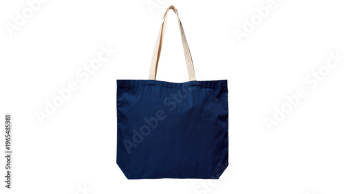 Isolated reusable blank dark blue fabric tote bag with neutral straps for eco-friendly use