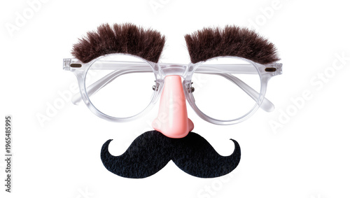 Isolated humorous novelty disguise with fake eyeglasses, bushy eyebrows, nose, and mustache