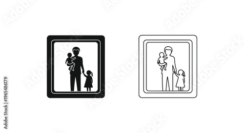 Family icons, parent and child silhouettes, black and white graphics, vector illustrations