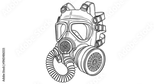 Vintage Gas Mask Line Art Drawing, Retro Protective Respirator, Military Equipment