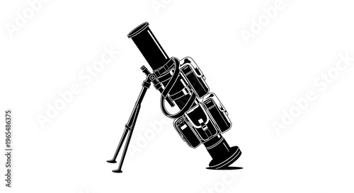 Vintage Mortar Weapon with Ammunition Bags on Tripod, Retro Military Equipment Illustration