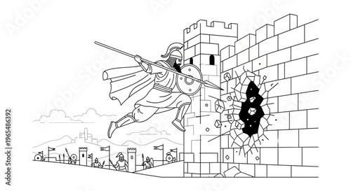 Warrior Breaks Through Castle Wall with Spear and Shield, Ancient Battle Scene
