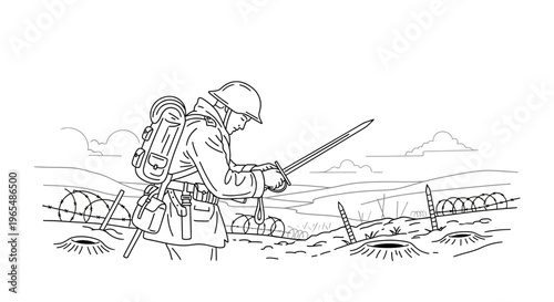 WWI Soldier with Bayonet in Trenches, Barbed Wire, and Shell Craters