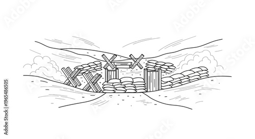 World War 1 Trench Warfare Illustration: Sandbags, Barbed Wire, and Bunker Entrance