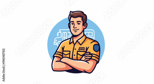 Friendly cartoon bus driver in yellow uniform with arms crossed