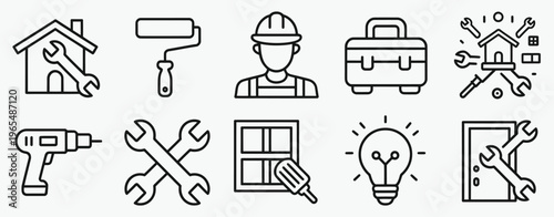 Home, repair vector icon set in line style with maintenance and renovation symbols, representing household service, fixing, and professional repair work, clean modern outline design