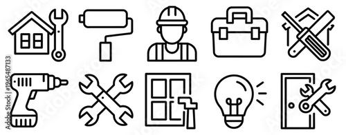Home, repair icon set featuring line style symbols representing household maintenance, fixing, renovation, and professional home service concept, modern outline vector