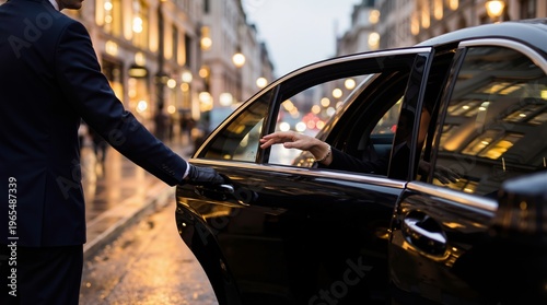 Chauffeur opening car door for woman. Business travel service with luxury limousine and personal driver. Professional transportation assistance in city street. High class passenger transport