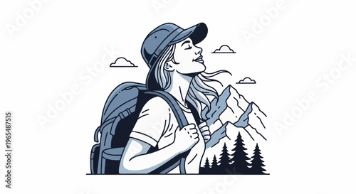 Hiker woman with backpack enjoys mountain view