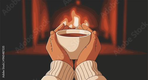 Hands hold a warm cup of dark liquid near a glowing orange fireplace